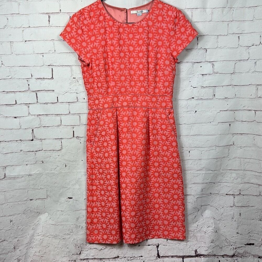 Boden Dress Womens 4 Floral Sheath Jacquard Knee Length Short Sleeve Coral